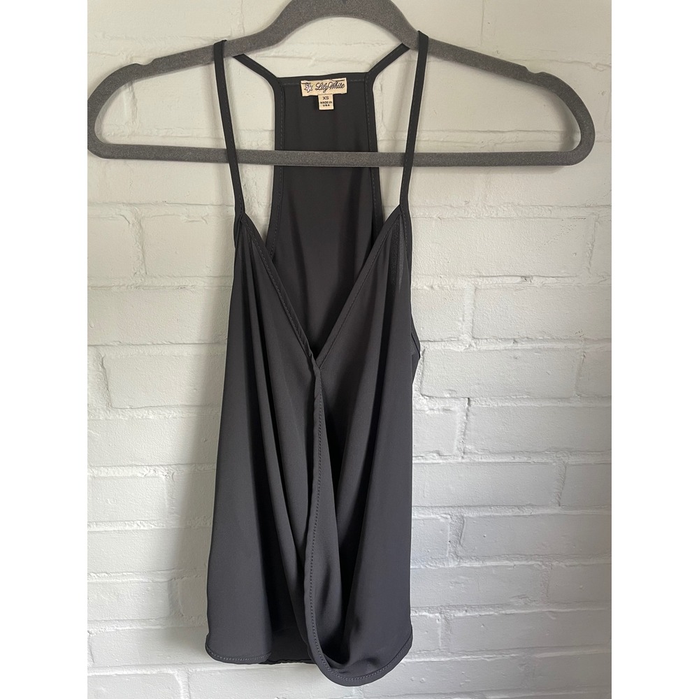 Lily White Womens XS Gray Chiffon Draped Wrap Front Racerback Camisole Tank Top